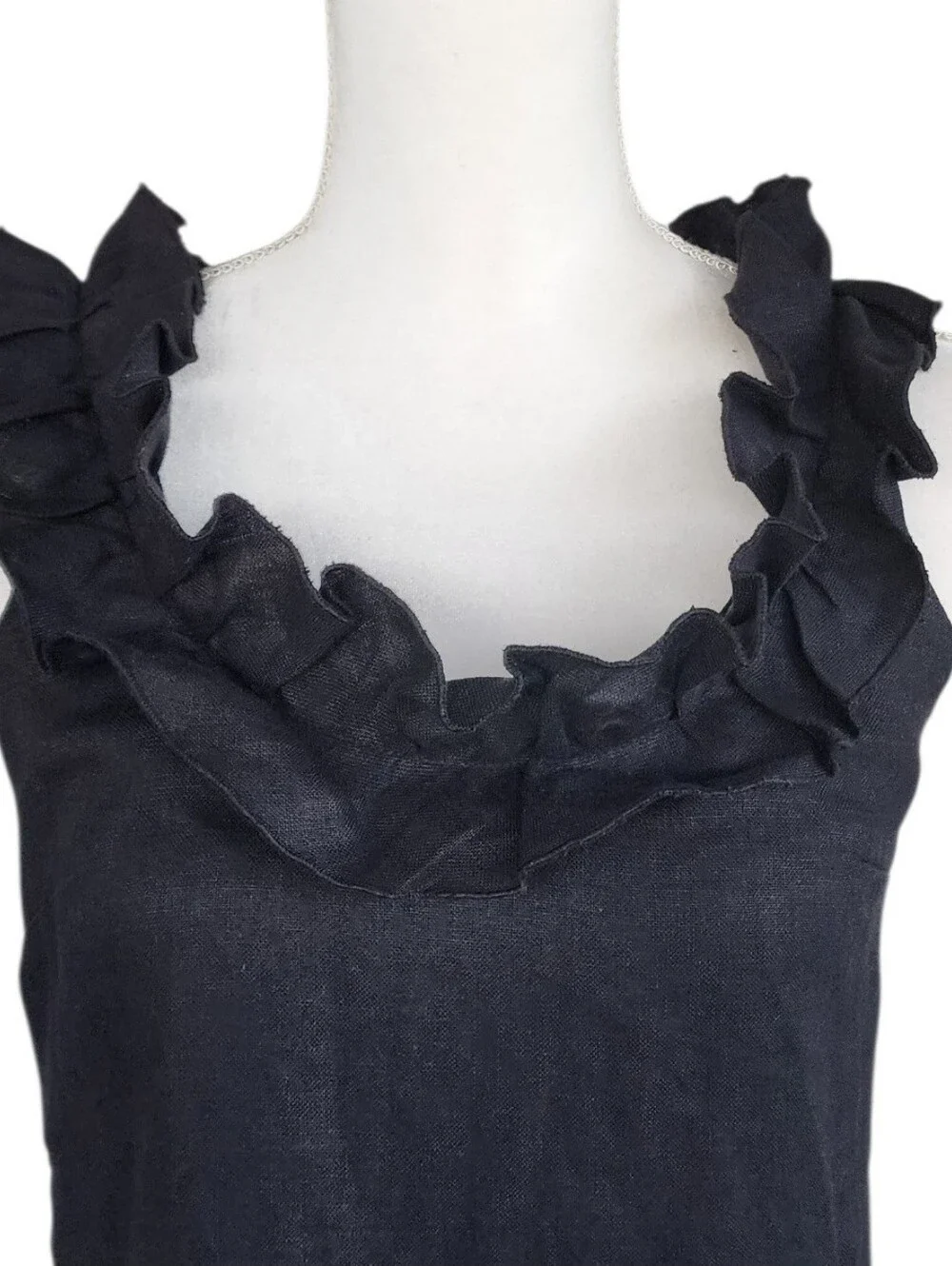 Sara Campbell 100% Linen Black Ruffle-Neck Sleeveless Mini Dress - Picture 4 of 8